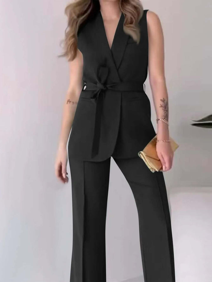 Women's Sleeveless Blazer Suit: Tailored Fit, V-Neck, High-Waisted Trousers