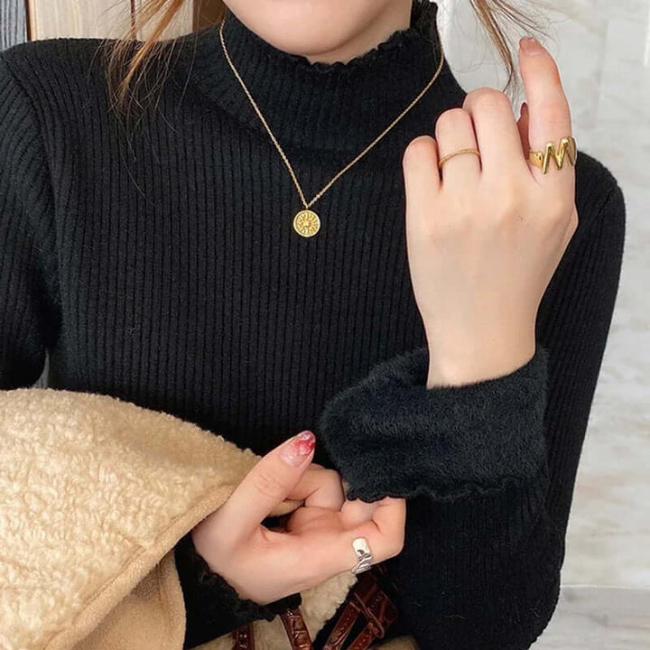 Women's Relaxed Fit Mock Neck Sweater with Ruffled Hem
