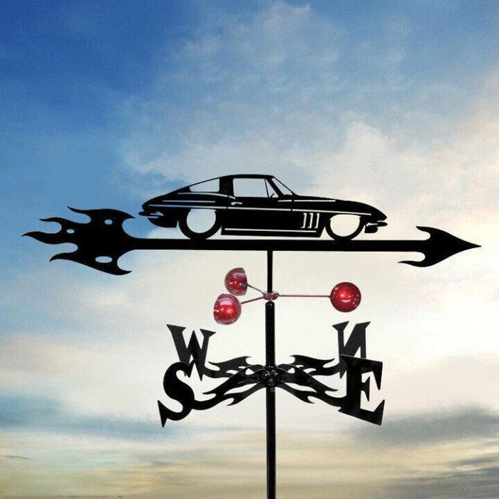 "Eccentric garden weather vane with dragon design; decorative, durable stainless steel; whimsical outdoor decor piece."