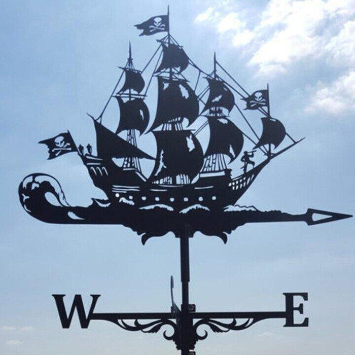 "Eccentric garden weather vane with dragon design; decorative, durable stainless steel; whimsical outdoor decor piece."