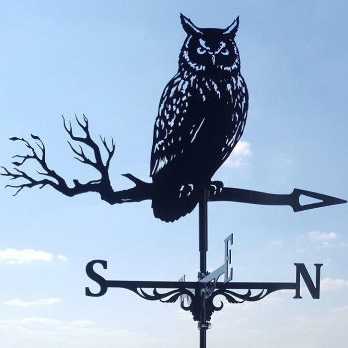 "Eccentric garden weather vane with dragon design; decorative, durable stainless steel; whimsical outdoor decor piece."