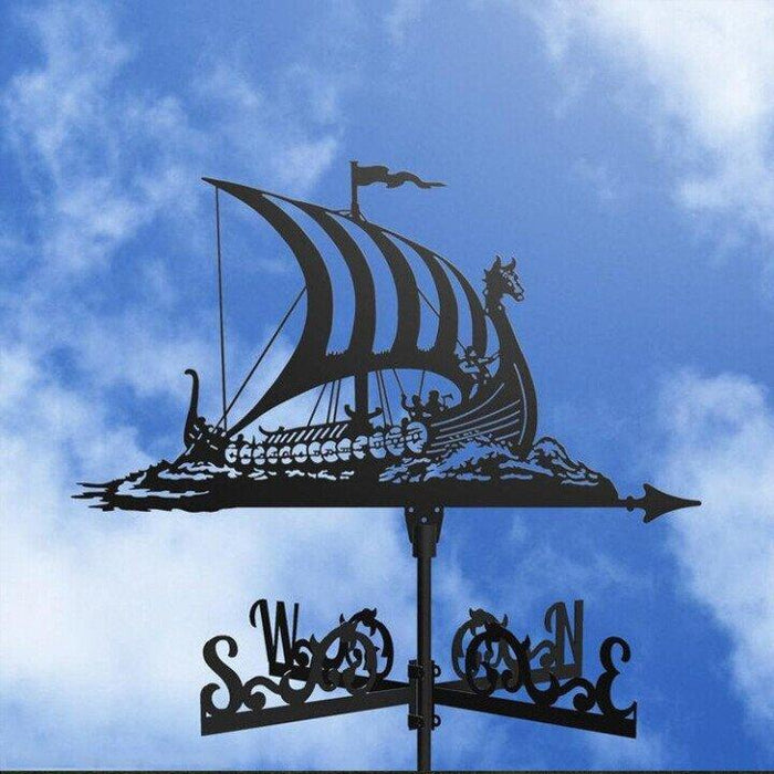 "Eccentric garden weather vane with dragon design; decorative, durable stainless steel; whimsical outdoor decor piece."