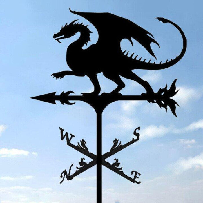 "Eccentric garden weather vane with dragon design; decorative, durable stainless steel; whimsical outdoor decor piece."