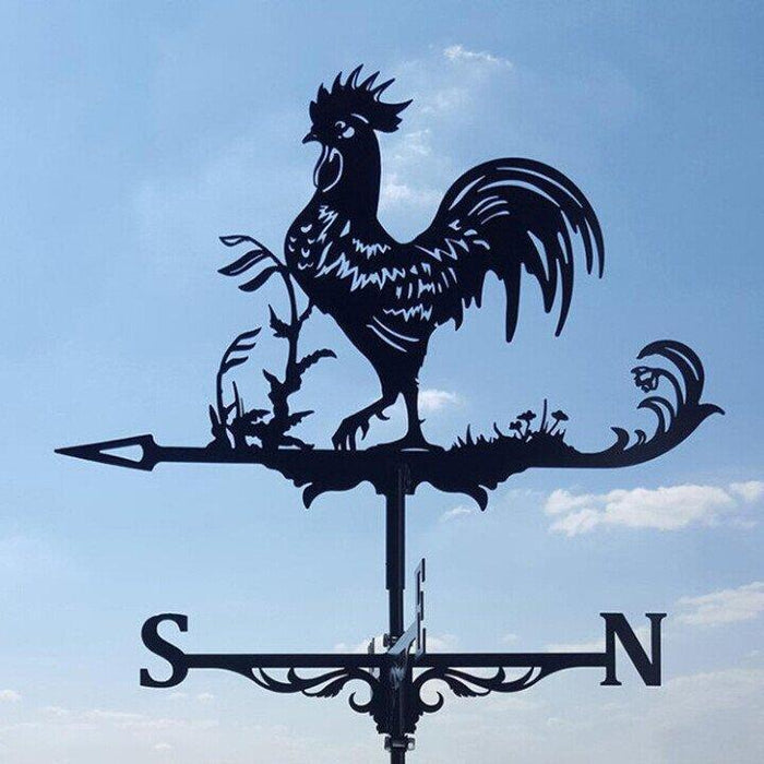 "Eccentric garden weather vane with dragon design; decorative, durable stainless steel; whimsical outdoor decor piece."