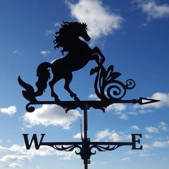 "Eccentric garden weather vane with dragon design; decorative, durable stainless steel; whimsical outdoor decor piece."
