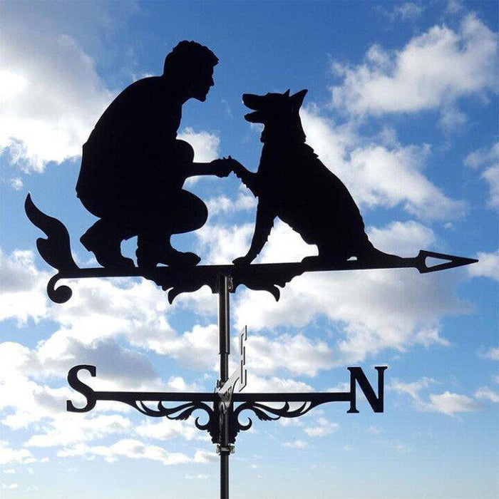 "Eccentric garden weather vane with dragon design; decorative, durable stainless steel; whimsical outdoor decor piece."