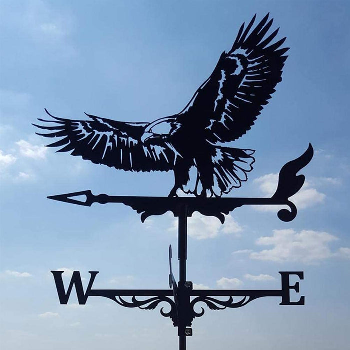 "Eccentric garden weather vane with dragon design; decorative, durable stainless steel; whimsical outdoor decor piece."