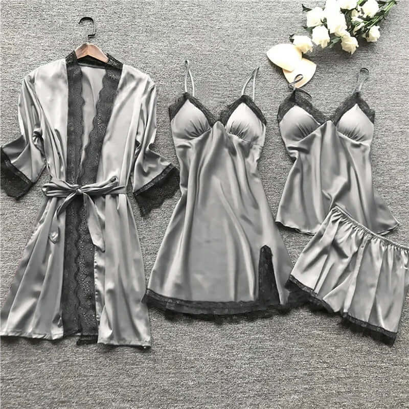 Women's Satin Loungewear Set with Lace Trim