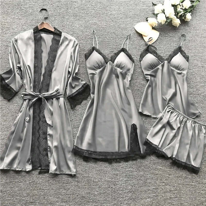 Women's Satin Loungewear Set with Lace Trim