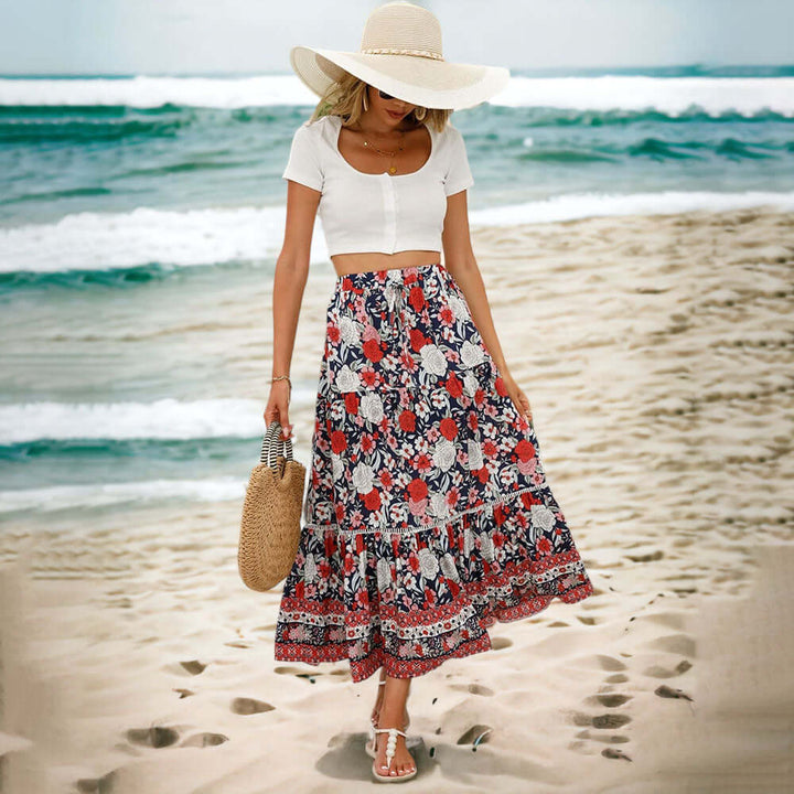 Women's Bohemian Floral Maxi Skirt: Flowy, Elastic Waist