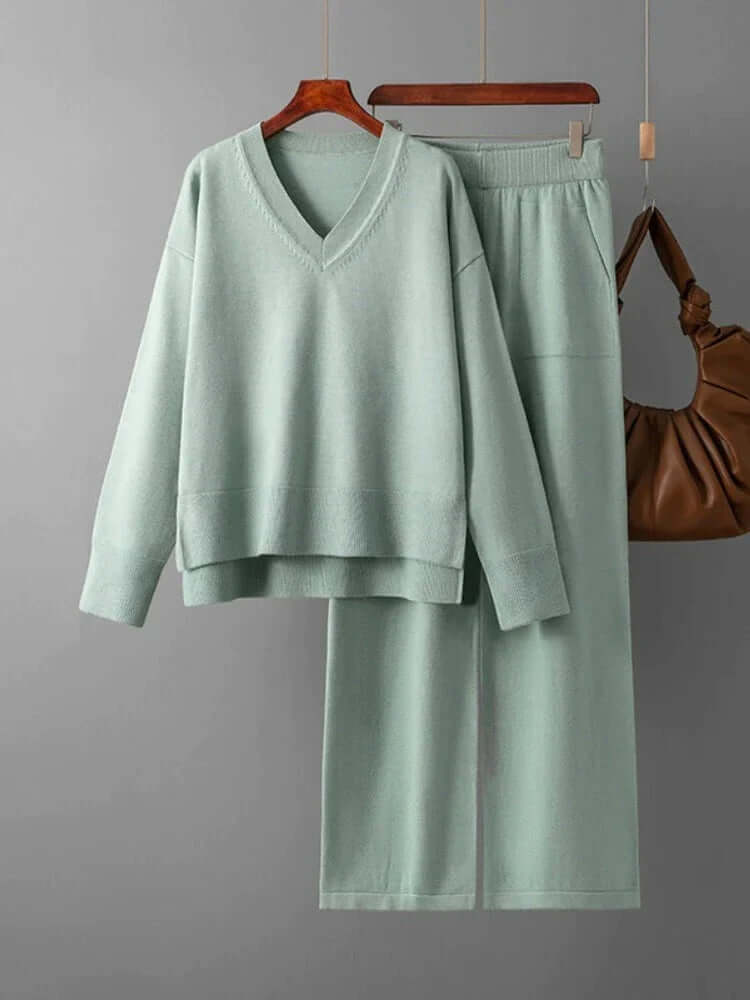 Women's V-Neck Sweater & Wide Leg Trousers Set
