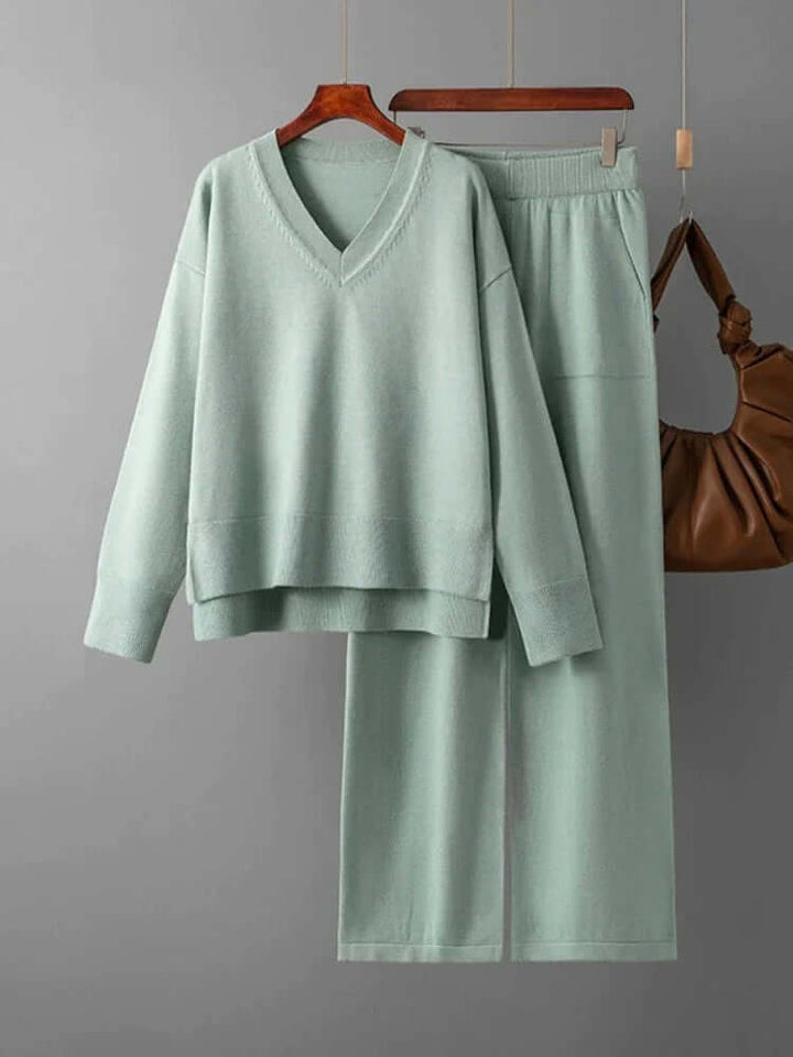Women's V-Neck Sweater & Wide Leg Trousers Set