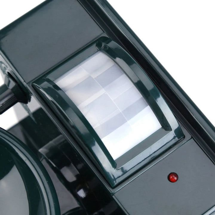 "Eco-friendly solar-powered bird repeller with motion sensor, durable weather-resistant design, for garden and outdoor use."