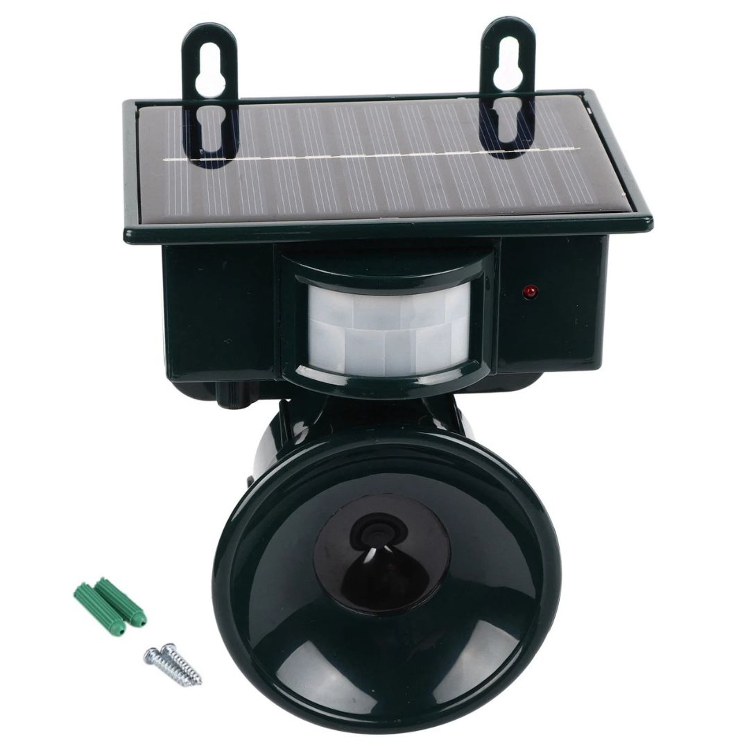 "Eco-friendly solar-powered bird repeller with motion sensor, durable weather-resistant design, for garden and outdoor use."