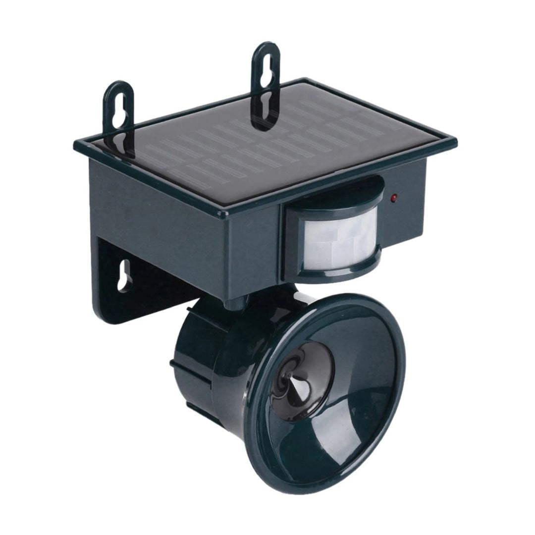 "Eco-friendly solar-powered bird repeller with motion sensor, durable weather-resistant design, for garden and outdoor use."