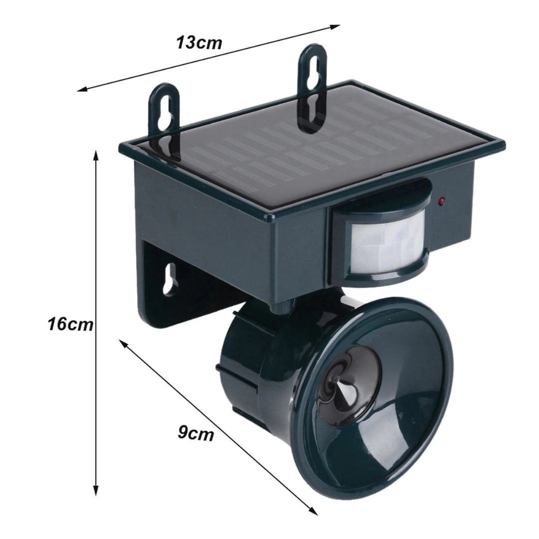 "Eco-friendly solar-powered bird repeller with motion sensor, durable weather-resistant design, for garden and outdoor use."