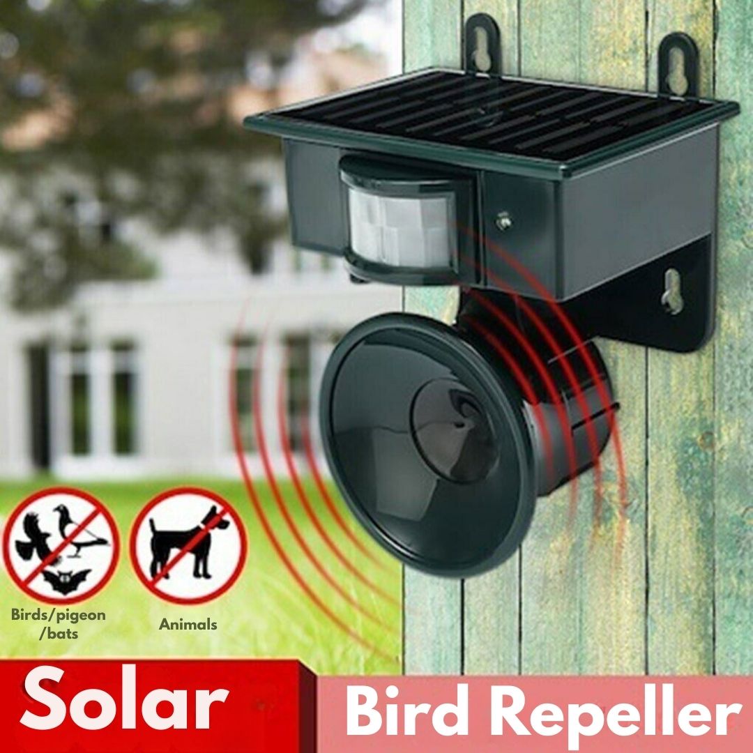"Eco-friendly solar-powered bird repeller with motion sensor, durable weather-resistant design, for garden and outdoor use."