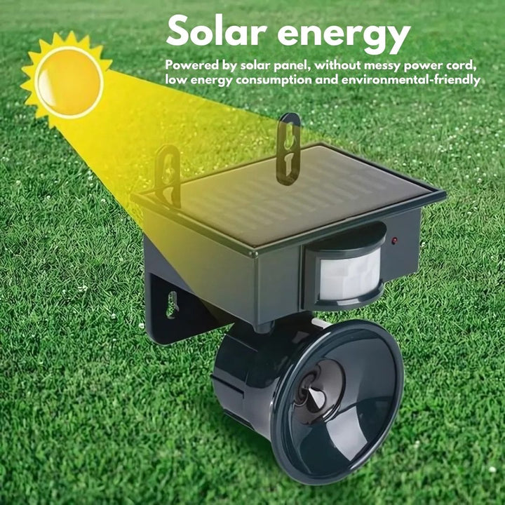 "Eco-friendly solar-powered bird repeller with motion sensor, durable weather-resistant design, for garden and outdoor use."