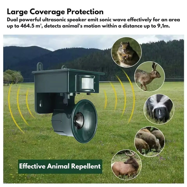 "Eco-friendly solar-powered bird repeller with motion sensor, durable weather-resistant design, for garden and outdoor use."