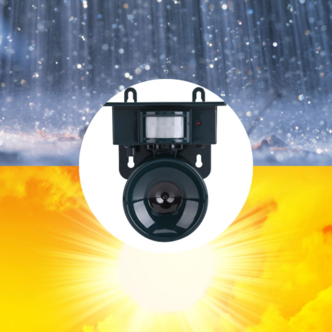 "Eco-friendly solar-powered bird repeller with motion sensor, durable weather-resistant design, for garden and outdoor use."