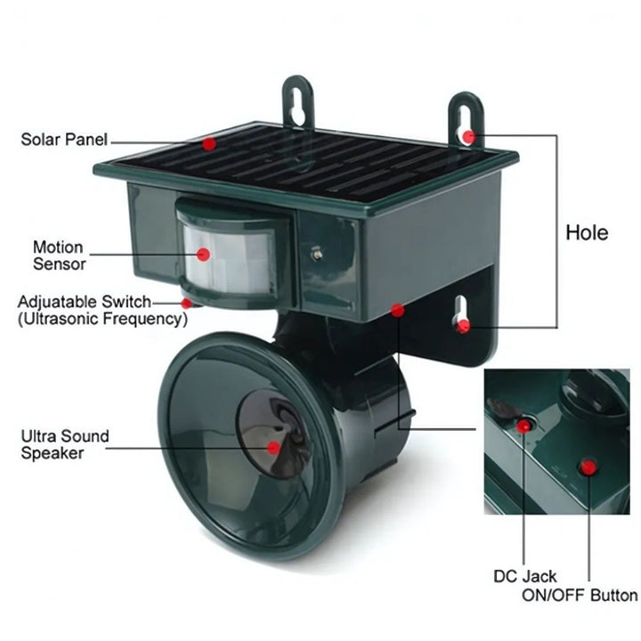 "Eco-friendly solar-powered bird repeller with motion sensor, durable weather-resistant design, for garden and outdoor use."