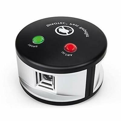 Eco-friendly solar ultrasonic squirrel repeller in a garden, featuring a slim, discreet design with solar panels for easy set