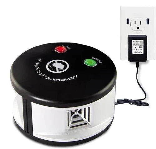Eco-friendly solar ultrasonic squirrel repeller in a garden, featuring a slim, discreet design with solar panels for easy set