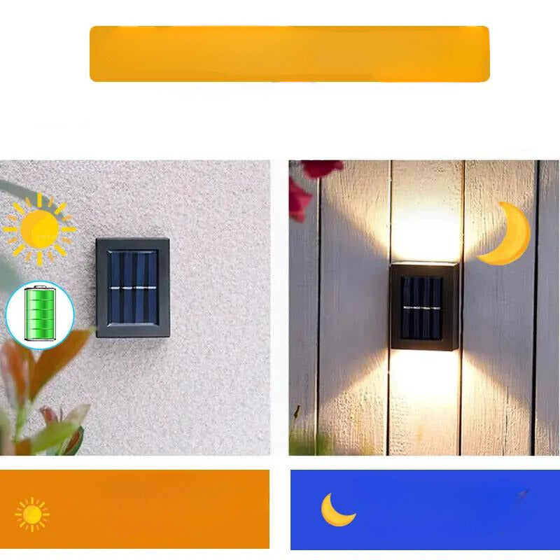 "Eco-friendly solar wall light illuminating garden fence at night; warm white LED, sleek, modern outdoor lighting."