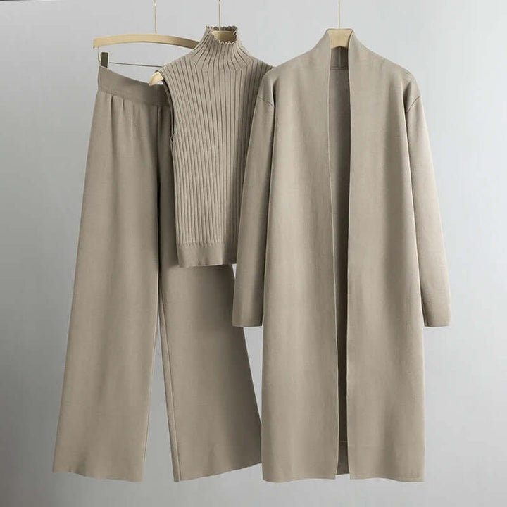 Women's Knitted 3-Piece Set: Sleeveless Top, Cardigan & Wide Leg Pants