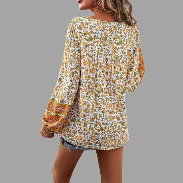 Women's Bohemian Long Sleeve V-Neck Blouse