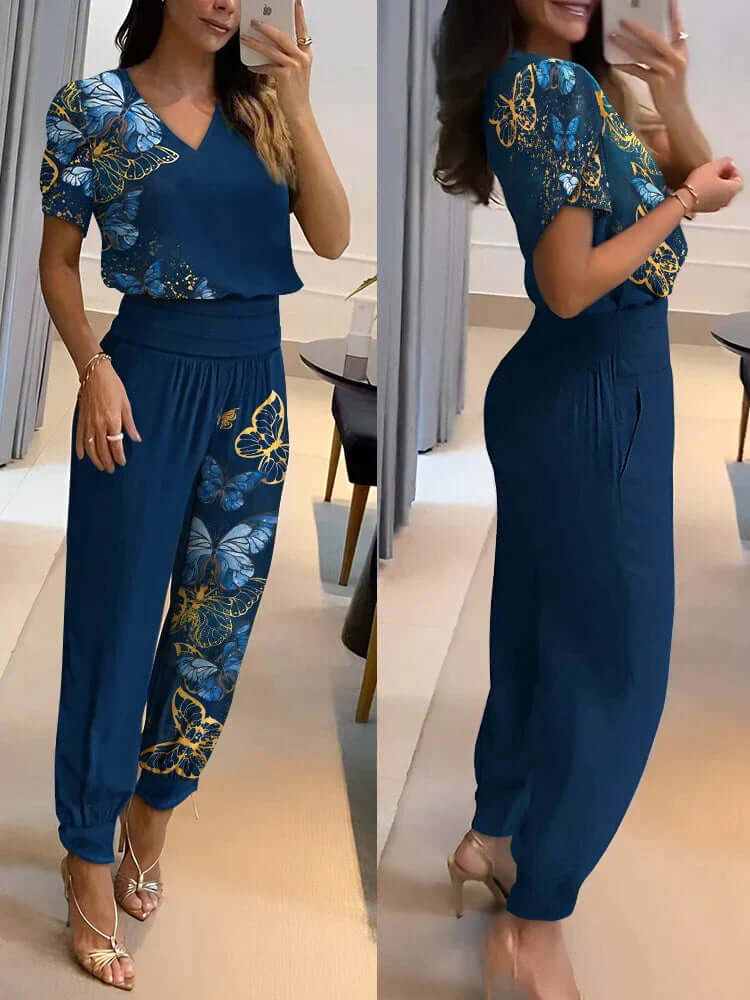 Women's Relaxed Fit Two-Piece Set: V-Neck Top & Elastic Waist Pants