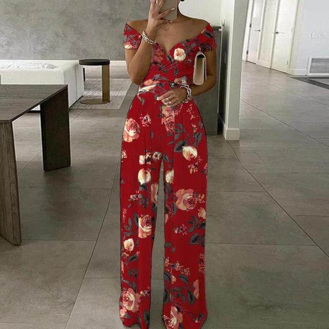 Women's Floral Wide Leg Jumpsuit: Off-Shoulder Wrap