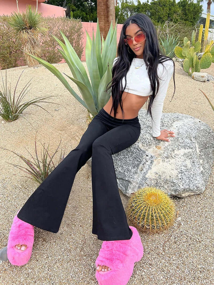 Women's Flared Trousers: Stretch, Low Rise, Foldable Waistband