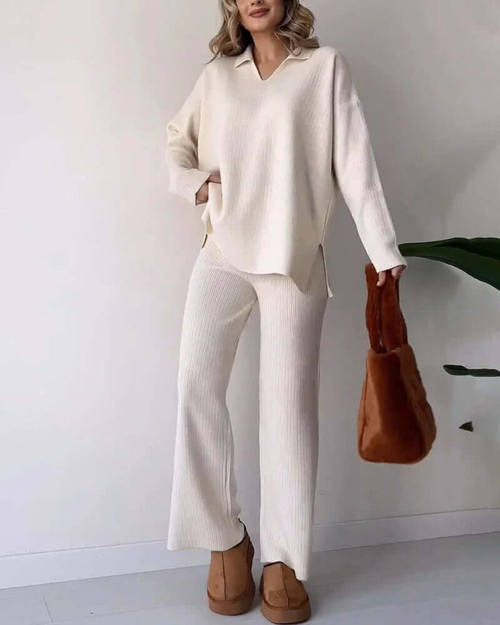 Women's Cozy Knit Loungewear Set: V-Neck Top & Flared Pants