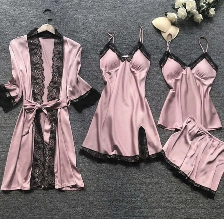 Women's Satin Loungewear Set with Lace Trim