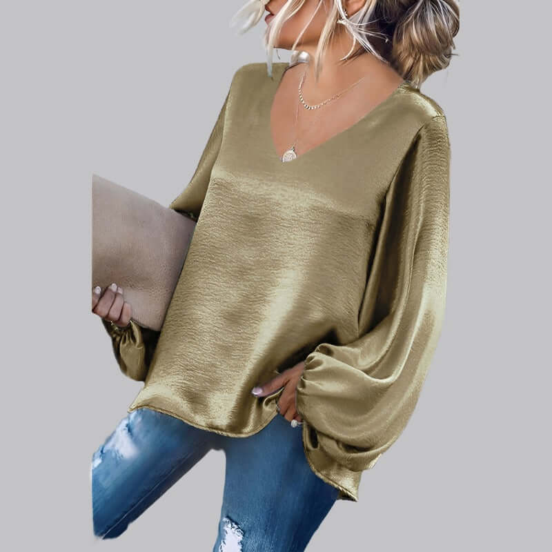 Women's V-Neck Lantern Sleeve Satin Blouse