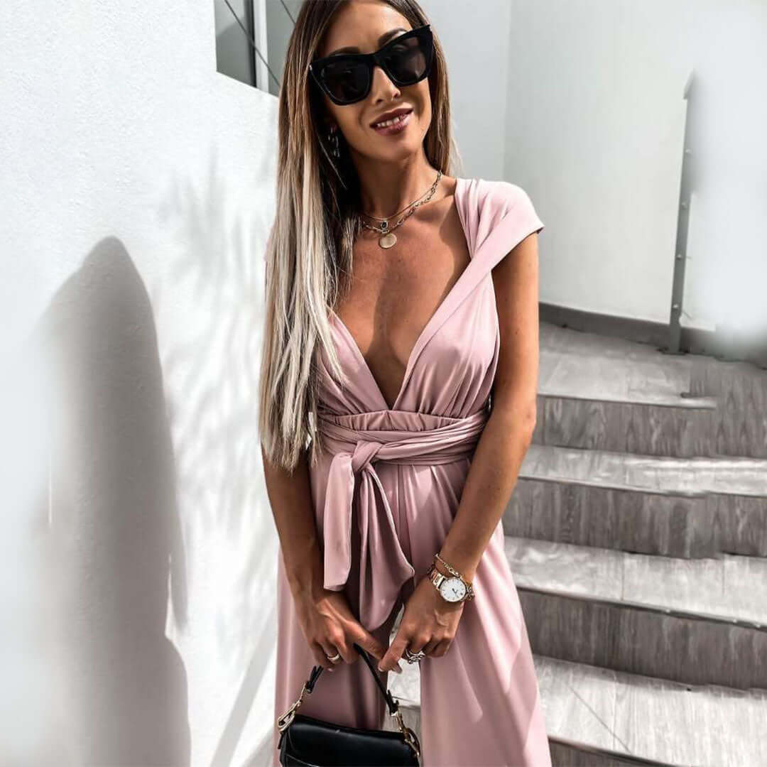 Women's Wide Leg Jumpsuit: Sleeveless V-Neck, Belted Waist
