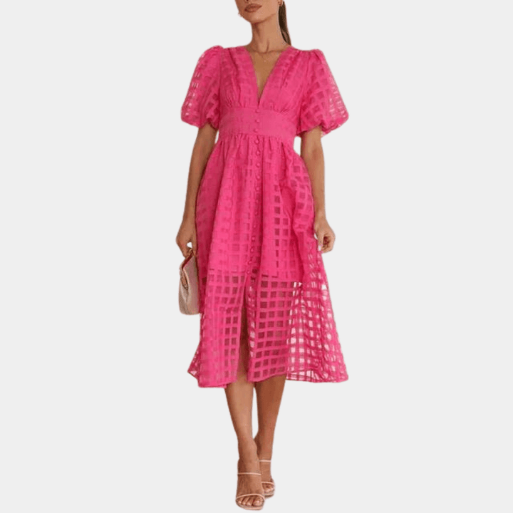 Women's Checkered Midi Dress: Puff Sleeves & Deep V-Neck
