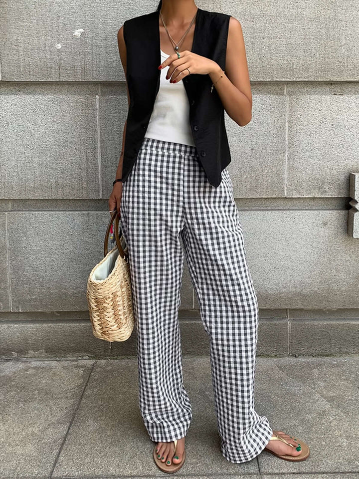 Women's Wide-Leg Gingham Trousers: Relaxed Fit, Breathable Cotton