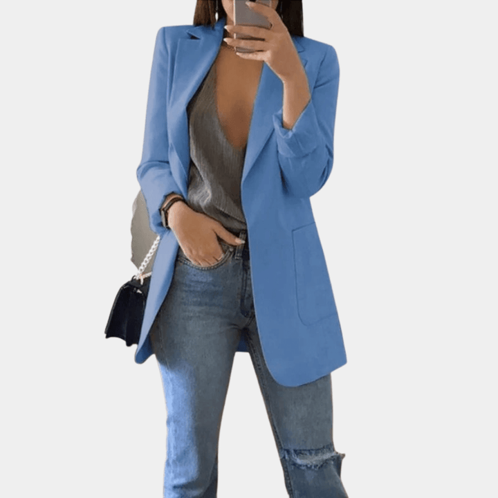 Women's Longline Tailored Blazer: Open Front, Notched Lapel