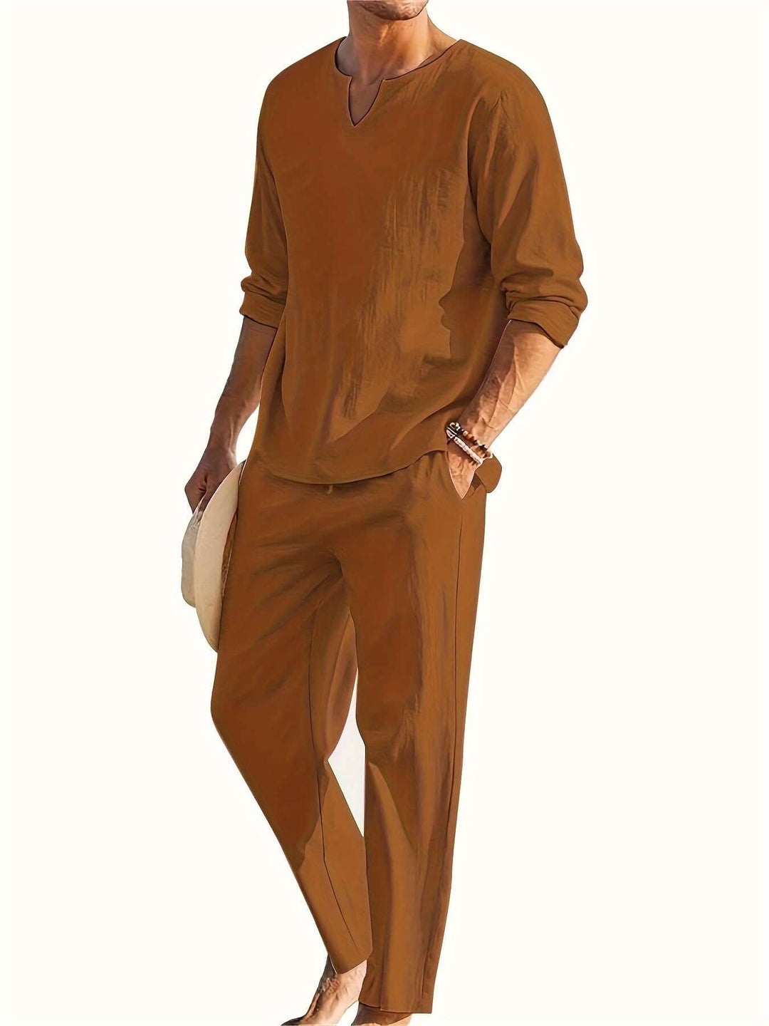 Men's Casual Two-Piece Outfit: V-Neck Top & Relaxed Trousers