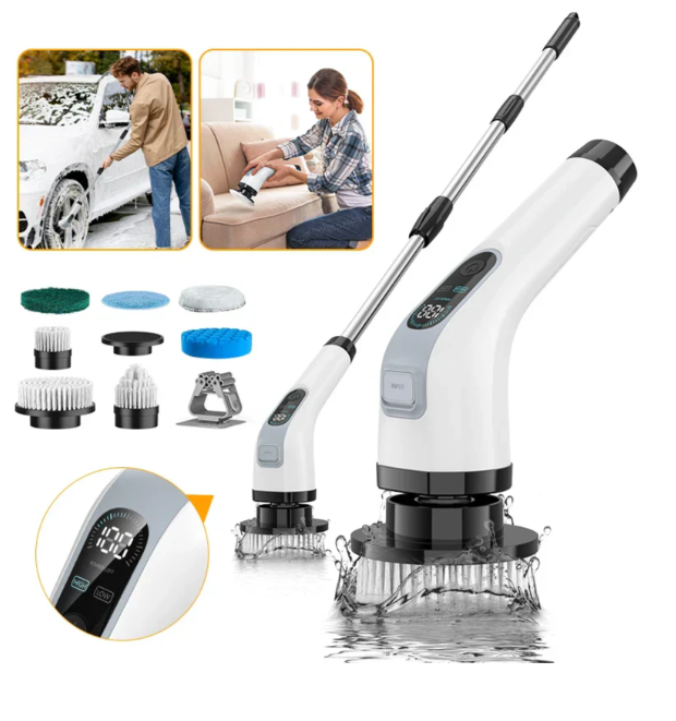 "Electric scrubber with 7 brush heads for versatile cleaning, durable motor, cordless design, ideal for home surfaces."