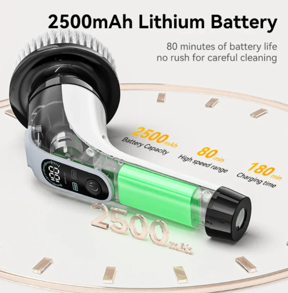 "Electric scrubber with 7 brush heads for versatile cleaning, durable motor, cordless design, ideal for home surfaces."