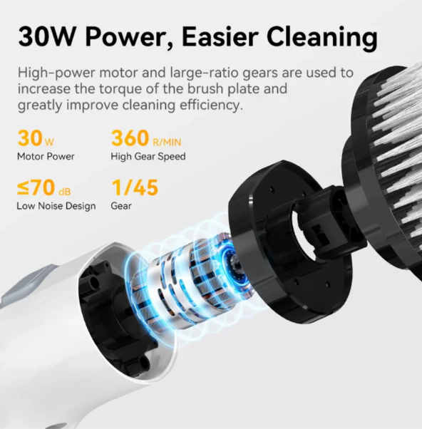"Electric scrubber with 7 brush heads for versatile cleaning, durable motor, cordless design, ideal for home surfaces."