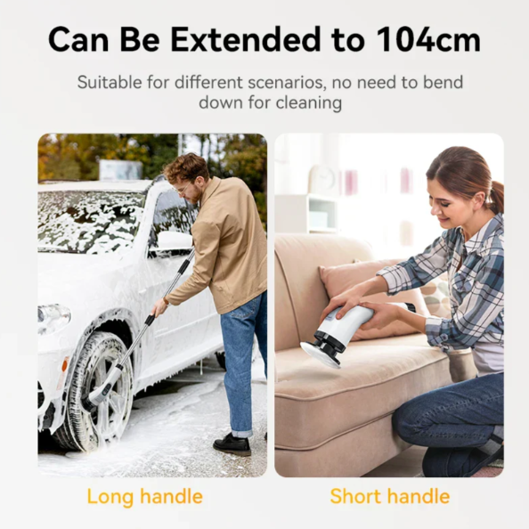 "Electric scrubber with 7 brush heads for versatile cleaning, durable motor, cordless design, ideal for home surfaces."