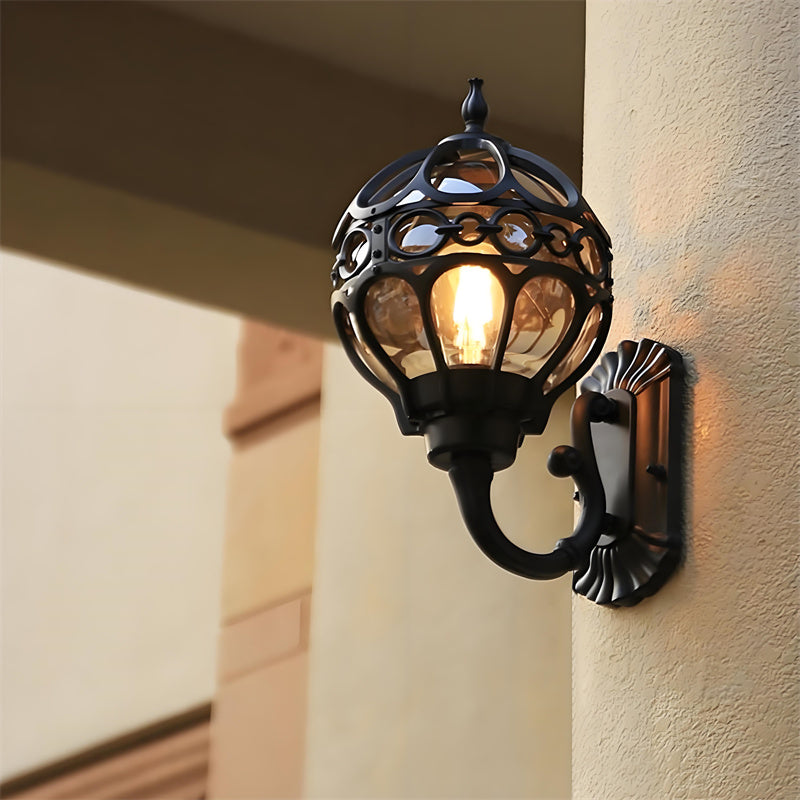 "Elegant bronze/black outdoor wall light with matte finish, transparent globe shade, perfect for garden or porch lighting."