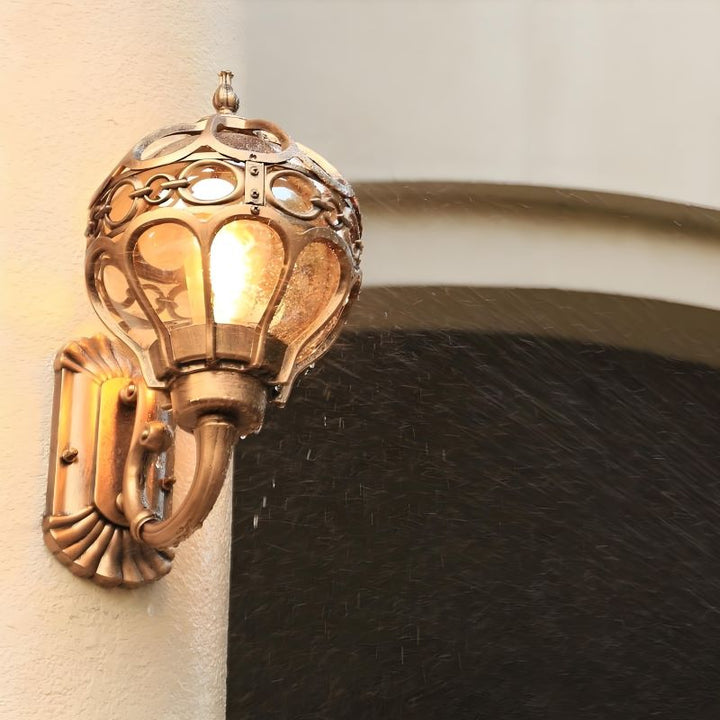 "Elegant bronze/black outdoor wall light with matte finish, transparent globe shade, perfect for garden or porch lighting."