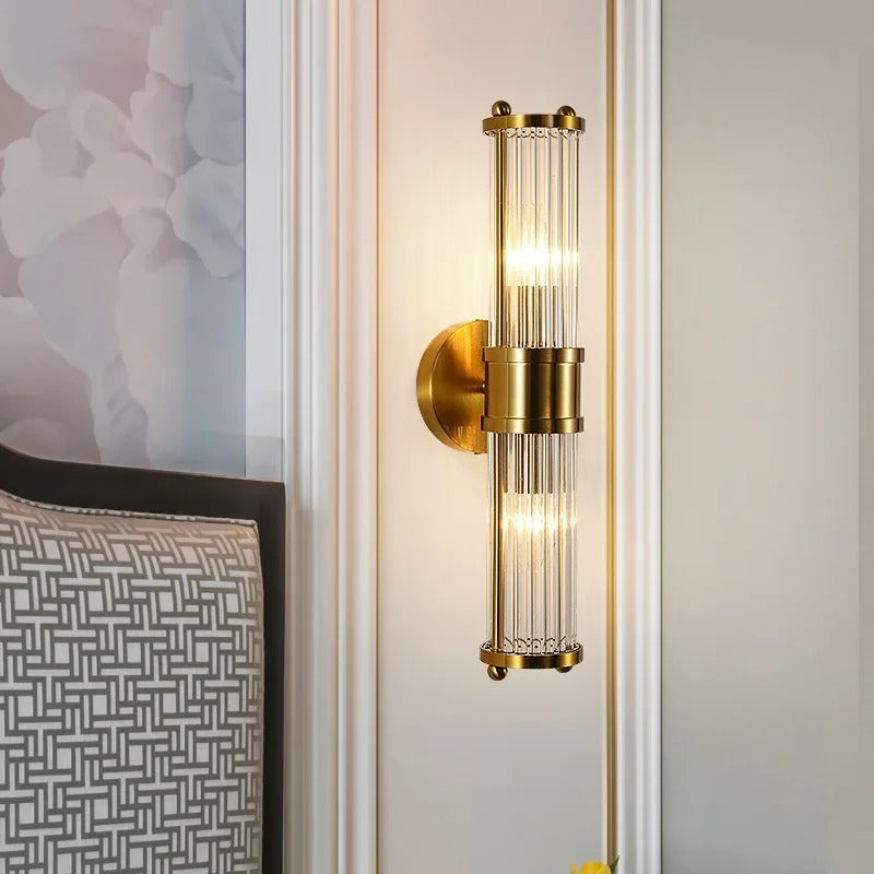 Elegant cylindrical glass wall sconce with chrome finish, crystal accents, electroplated hardware. Ideal for modern interiors
