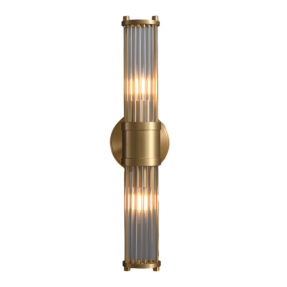 Elegant cylindrical glass wall sconce with chrome finish, crystal accents, electroplated hardware. Ideal for modern interiors