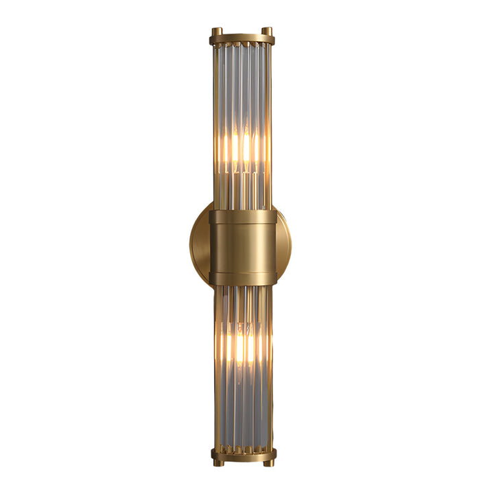 Elegant cylindrical glass wall sconce with chrome finish, crystal accents, electroplated hardware. Ideal for modern interiors